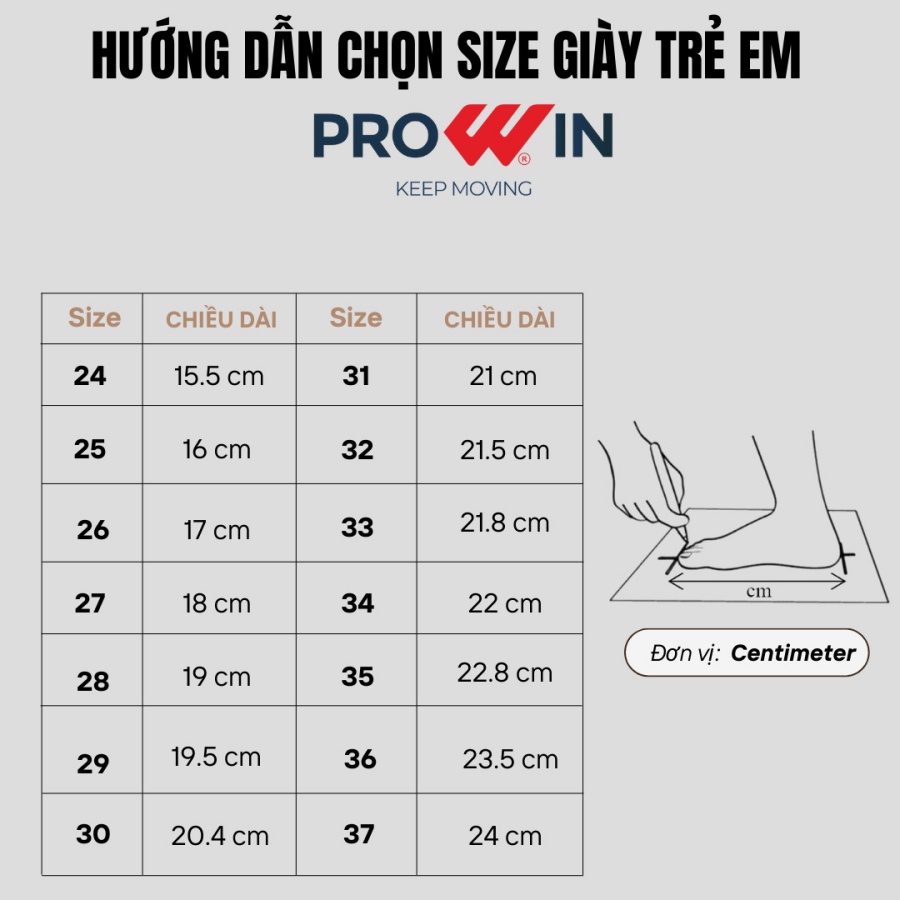 bảng chọn size giày trẻ em prowin